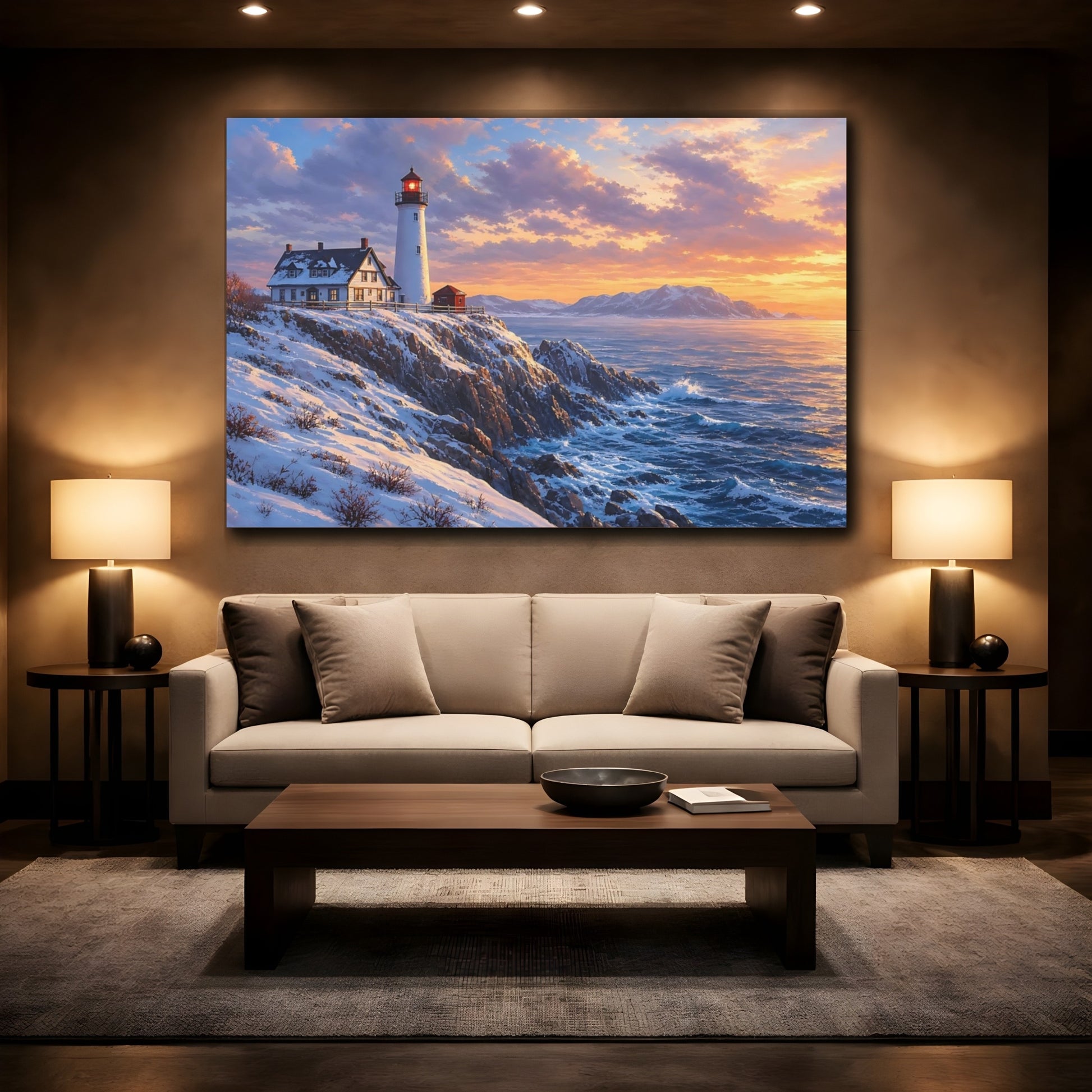 Mockup 2. Nature Lighthouse Winter Lighthouse Sunset shown as stretched canvas wall art