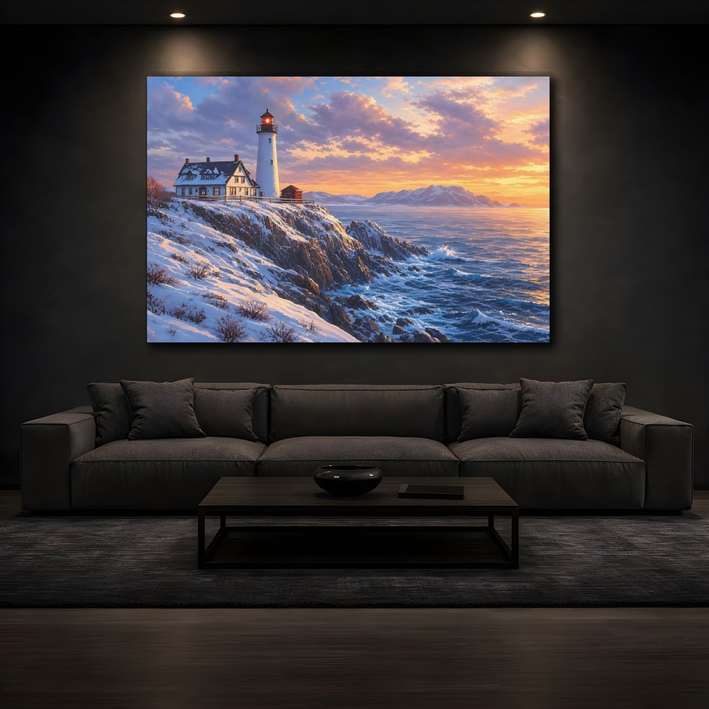 Mockup 3. Nature Lighthouse Winter Lighthouse Sunset shown as stretched canvas wall art