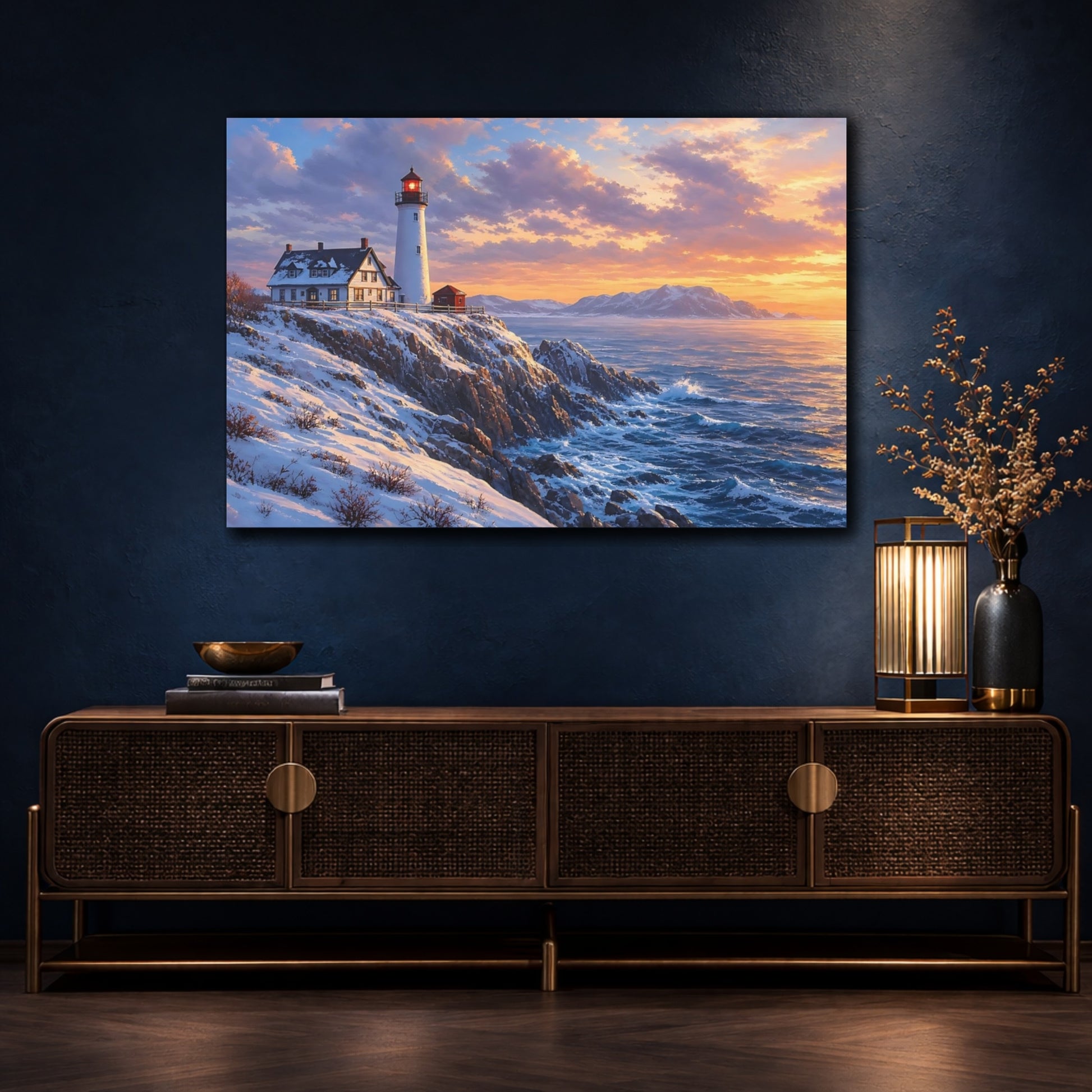 Mockup 4. Nature Lighthouse Winter Lighthouse Sunset shown as stretched canvas wall art
