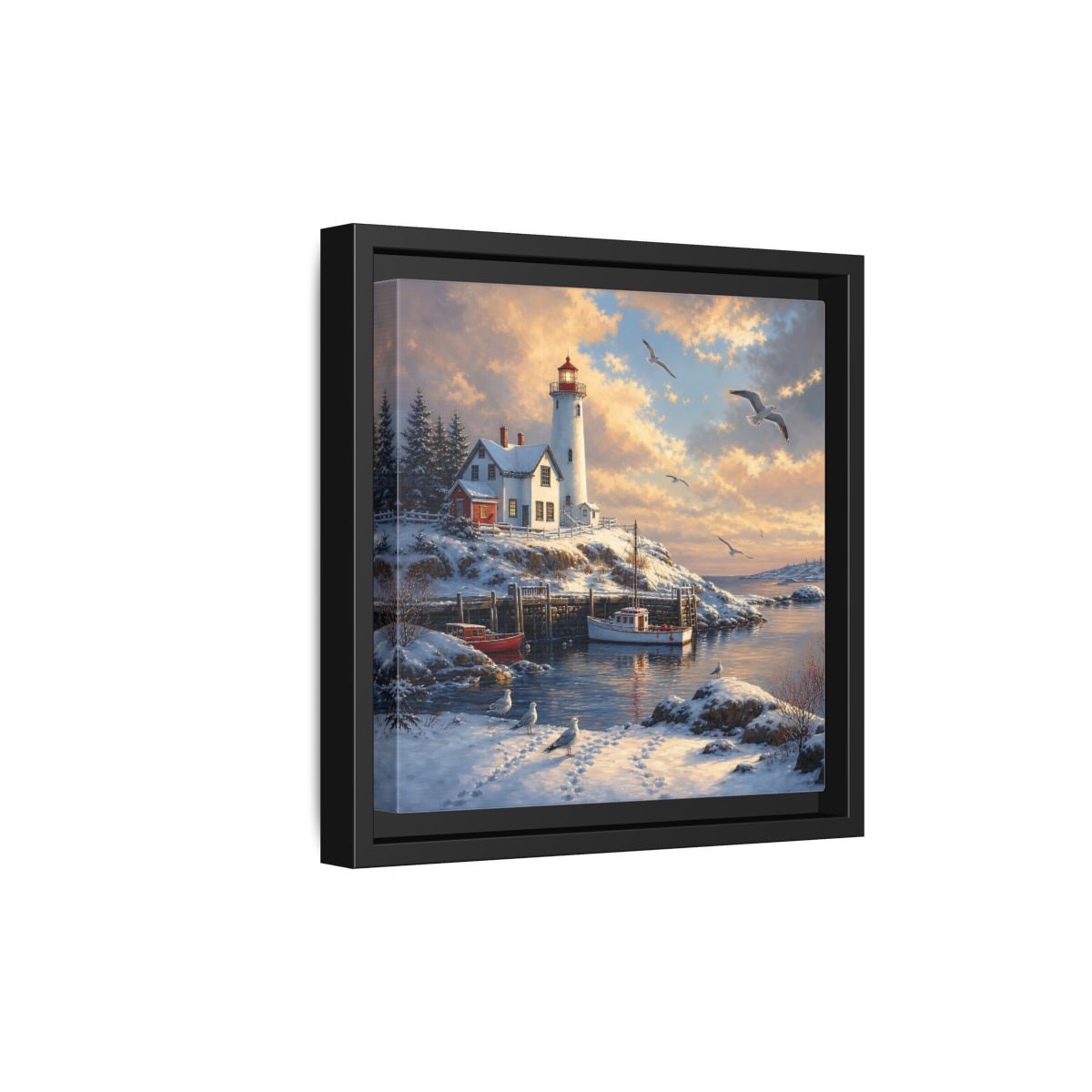 Side Mockup 21. Nature Lighthouse Winter Lighthouse Scene shown as stretched canvas wall art
