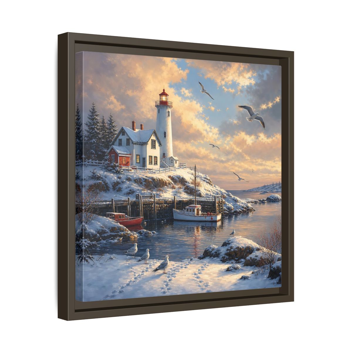 Side Mockup 29. Nature Lighthouse Winter Lighthouse Scene shown as stretched canvas wall art