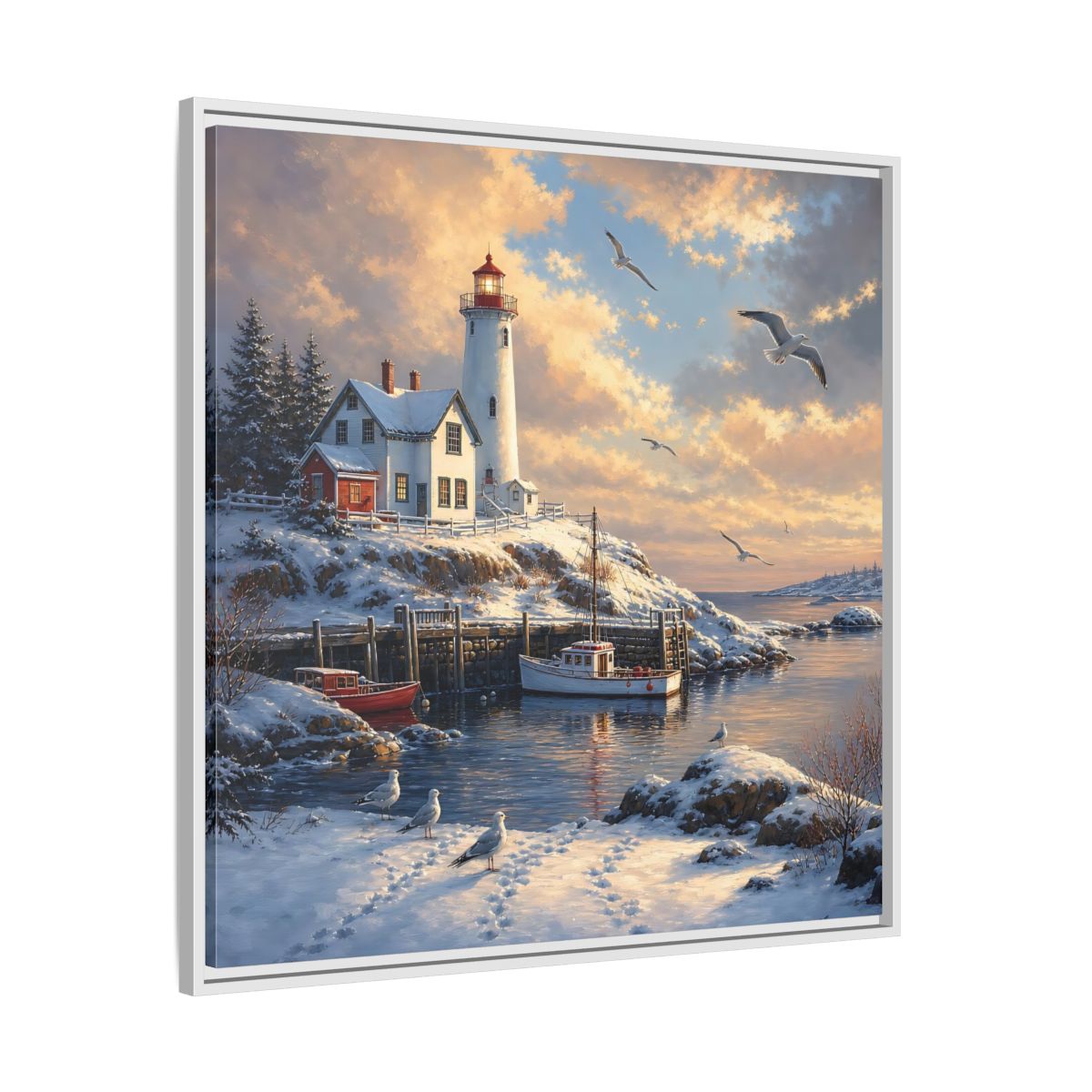 Side Mockup 25. Nature Lighthouse Winter Lighthouse Scene shown as stretched canvas wall art