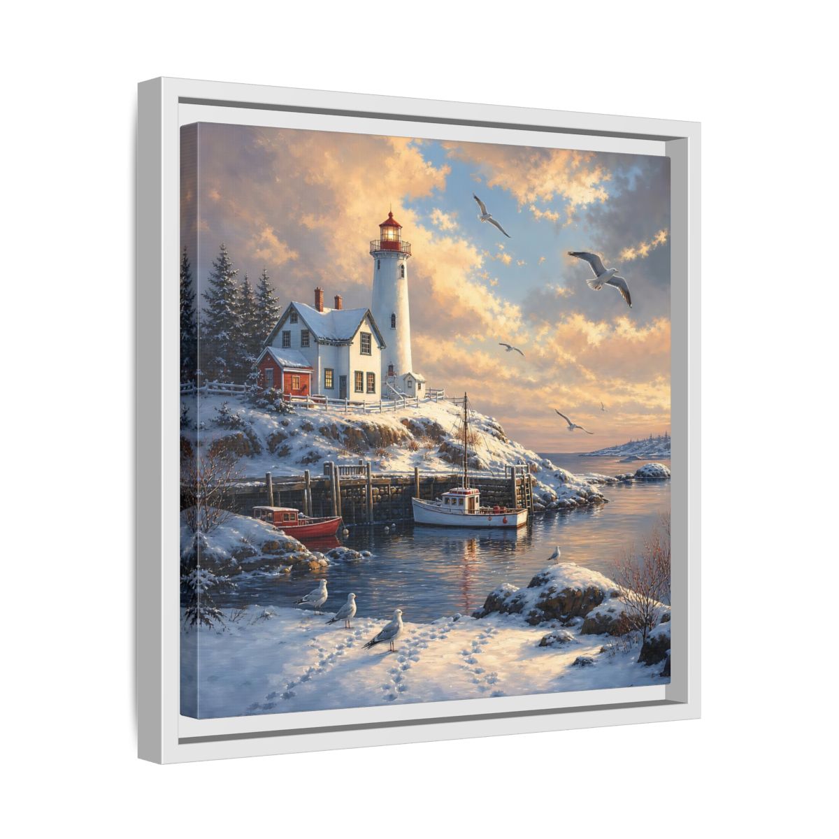 Side Mockup 28. Nature Lighthouse Winter Lighthouse Scene shown as stretched canvas wall art