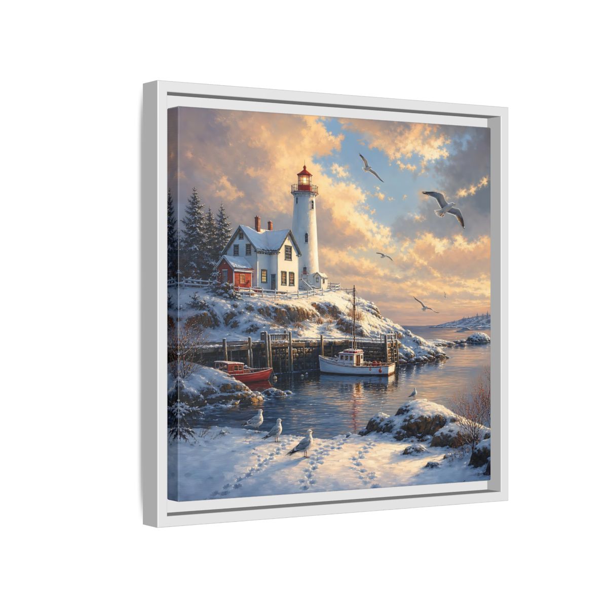 Side Mockup 13. Nature Lighthouse Winter Lighthouse Scene shown as stretched canvas wall art