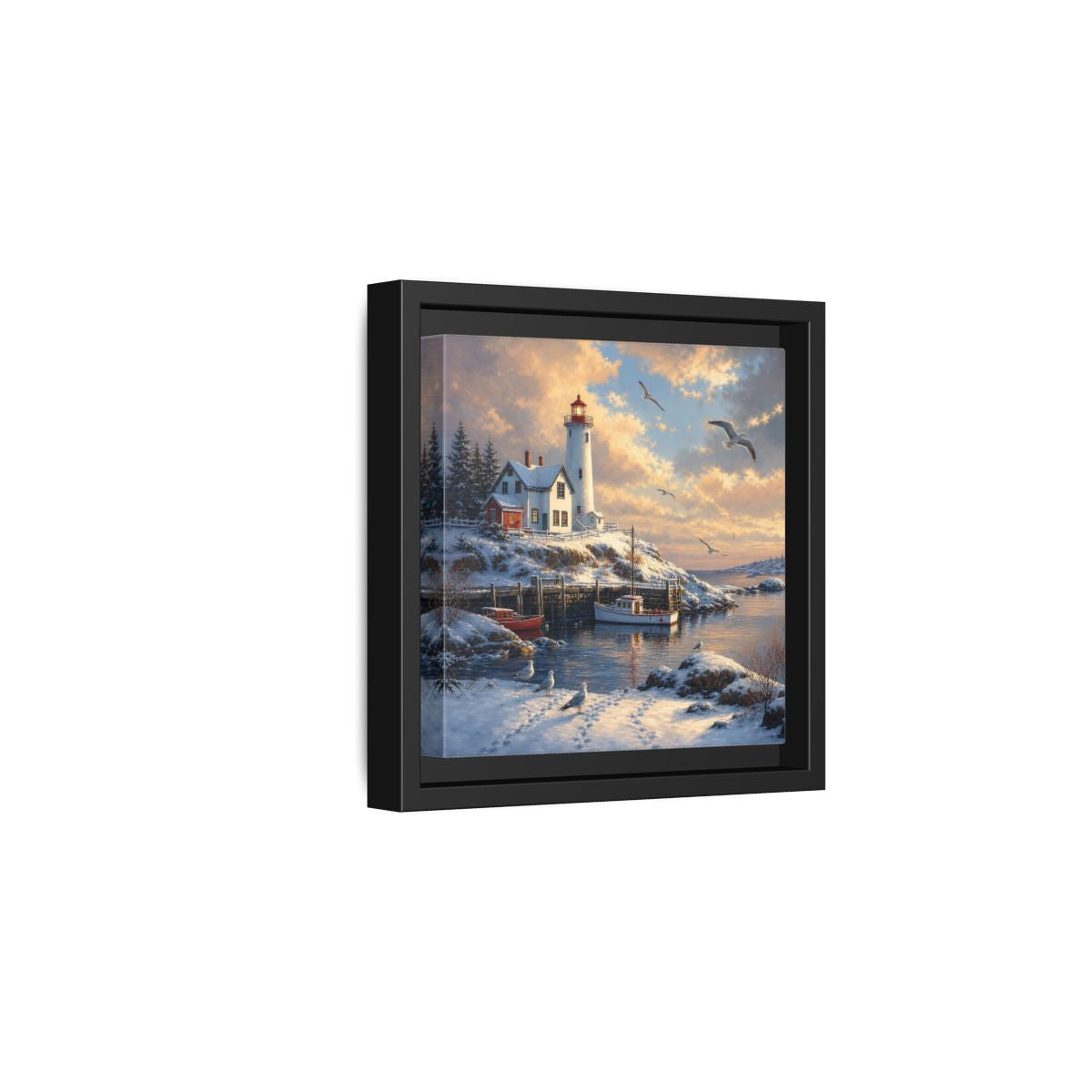 Side Mockup 3. Nature Lighthouse Winter Lighthouse Scene shown as stretched canvas wall art