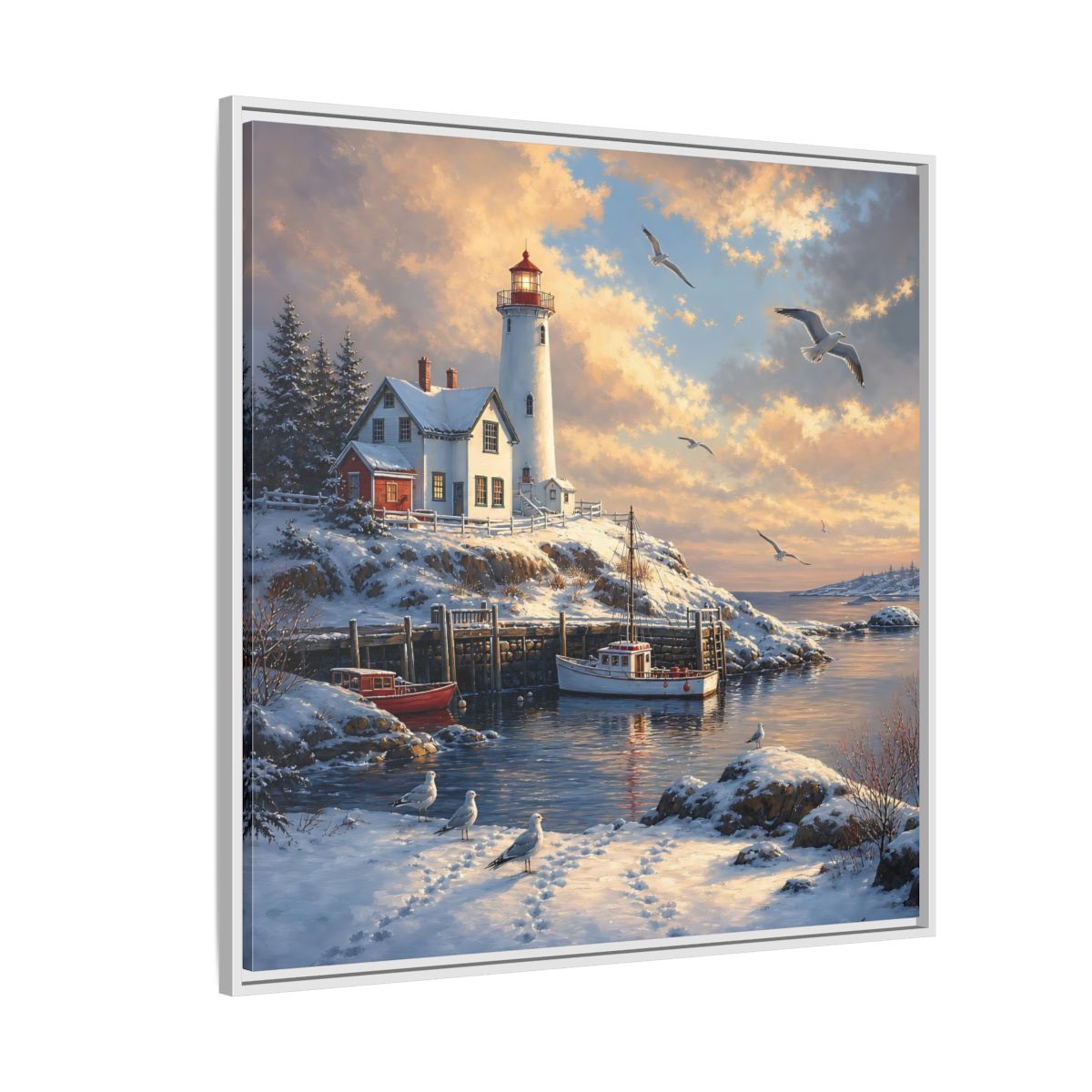 Side Mockup 4. Nature Lighthouse Winter Lighthouse Scene shown as stretched canvas wall art