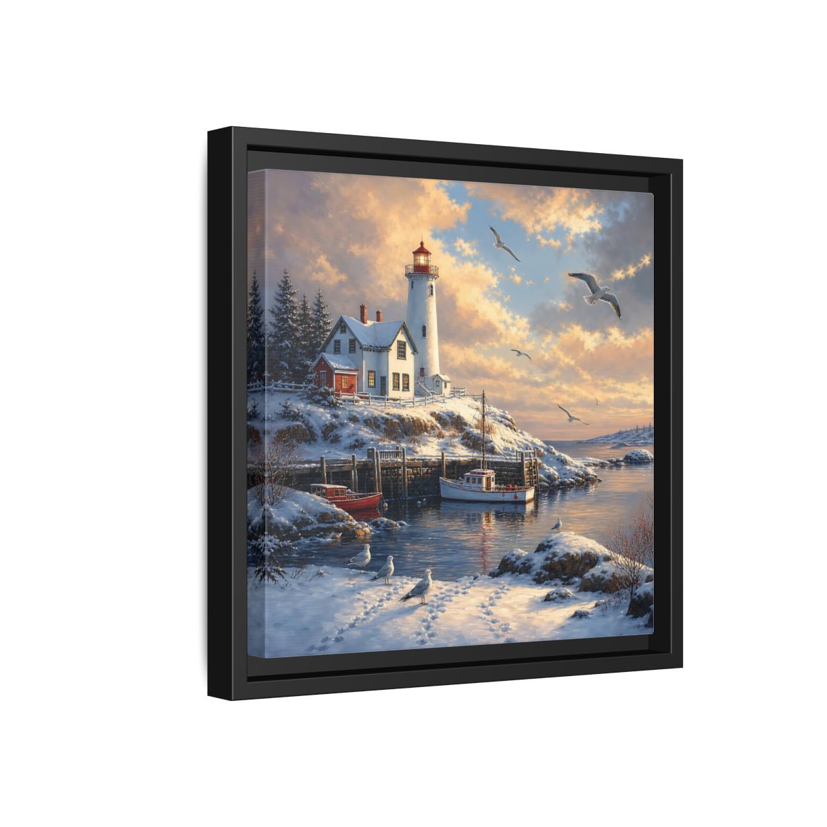 Side Mockup 18. Nature Lighthouse Winter Lighthouse Scene shown as stretched canvas wall art