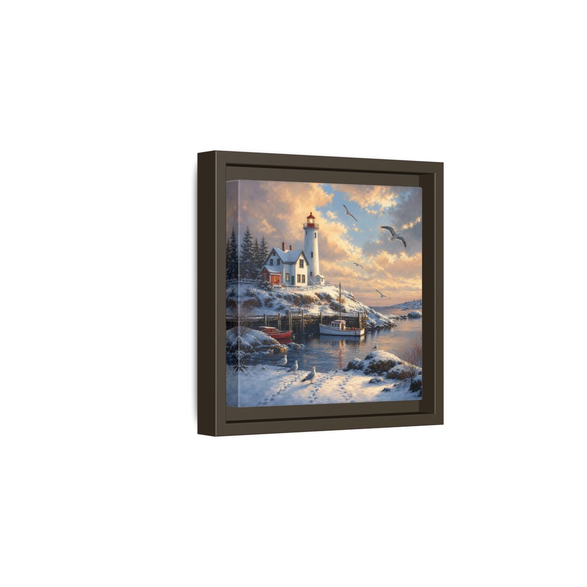 Side Mockup 2. Nature Lighthouse Winter Lighthouse Scene shown as stretched canvas wall art