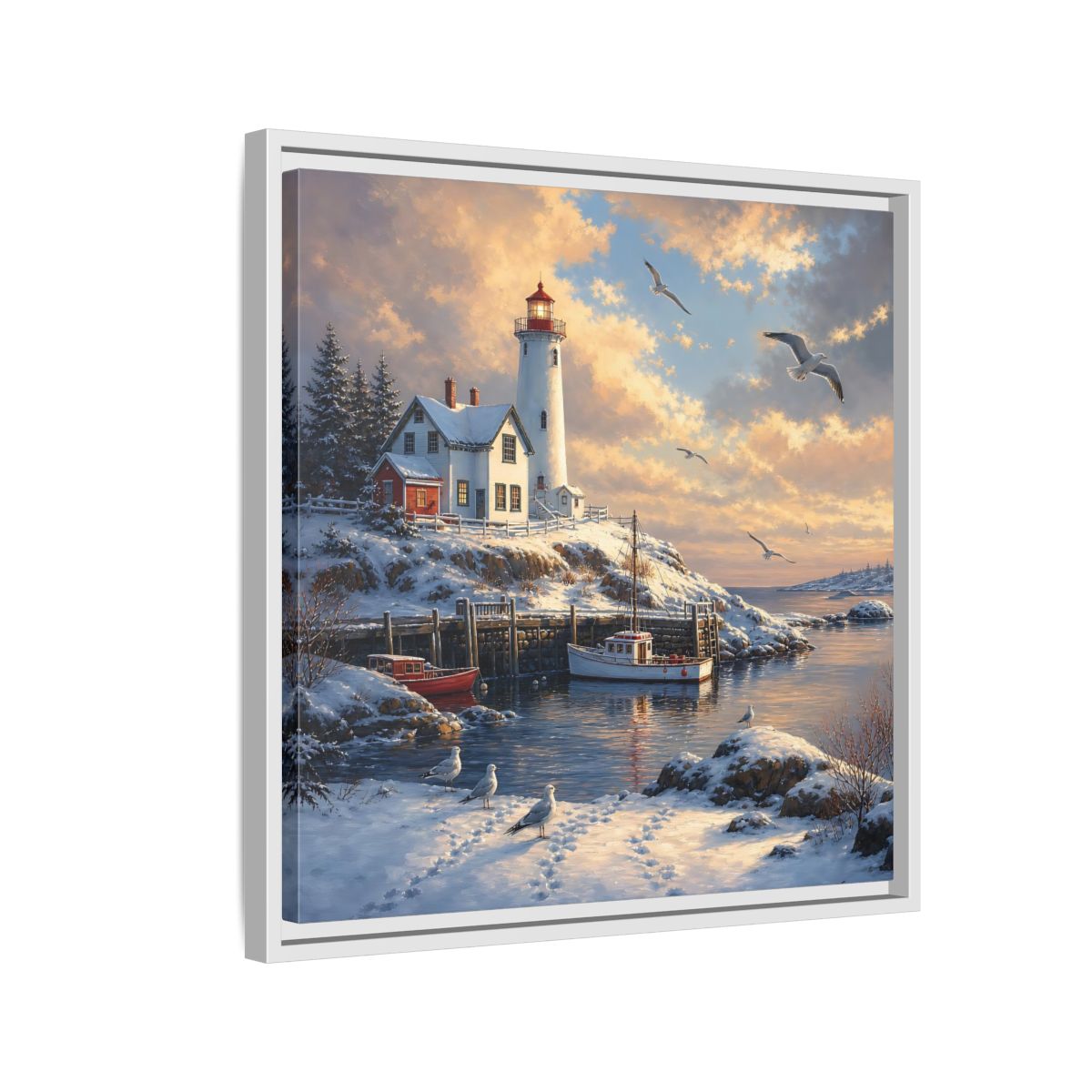Side Mockup 10. Nature Lighthouse Winter Lighthouse Scene shown as stretched canvas wall art