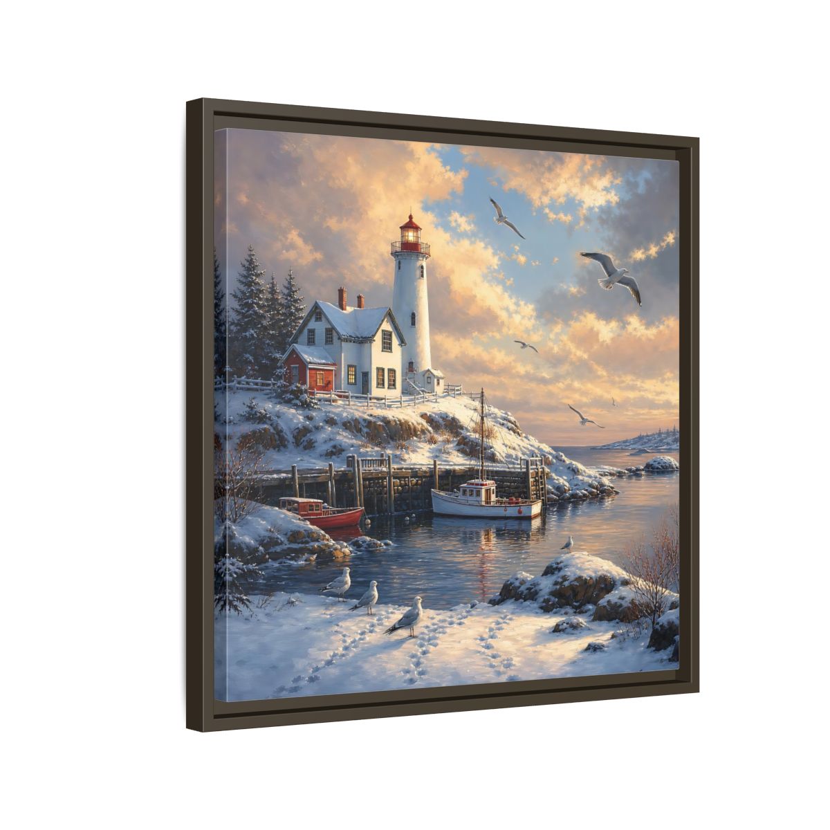 Side Mockup 11. Nature Lighthouse Winter Lighthouse Scene shown as stretched canvas wall art
