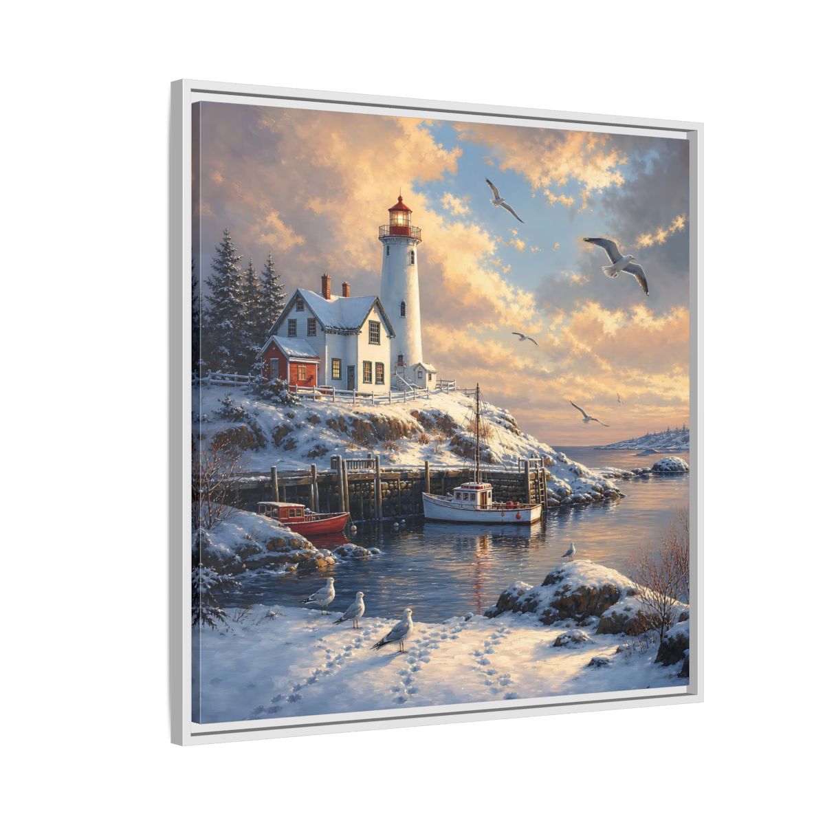 Side Mockup 7. Nature Lighthouse Winter Lighthouse Scene shown as stretched canvas wall art