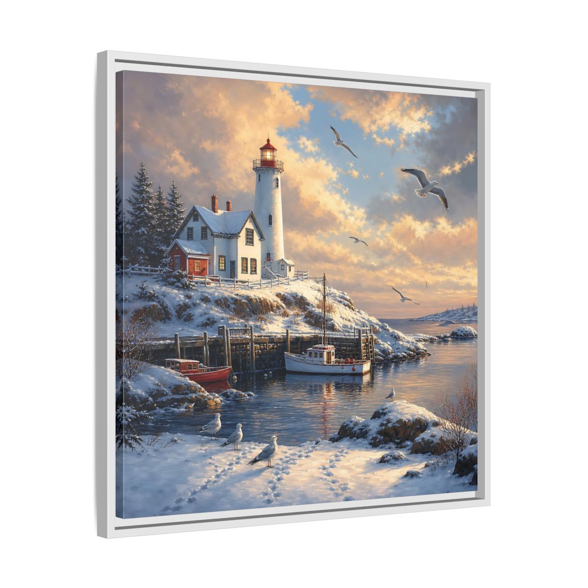 Side Mockup 26. Nature Lighthouse Winter Lighthouse Scene shown as stretched canvas wall art