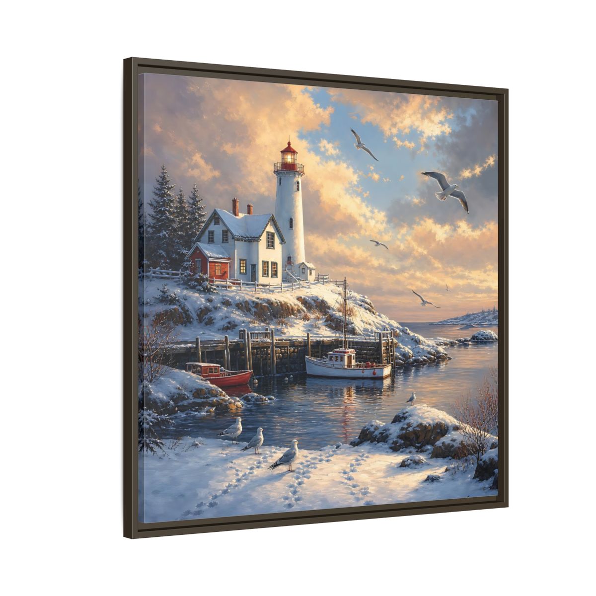 Side Mockup 8. Nature Lighthouse Winter Lighthouse Scene shown as stretched canvas wall art