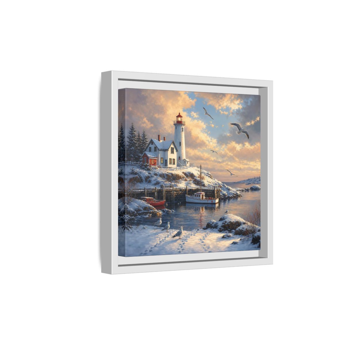 Side Mockup 19. Nature Lighthouse Winter Lighthouse Scene shown as stretched canvas wall art