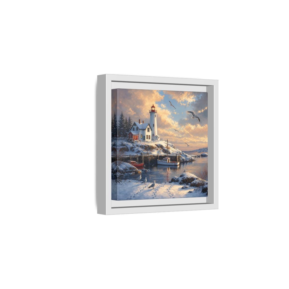 Side Mockup 1. Nature Lighthouse Winter Lighthouse Scene shown as stretched canvas wall art