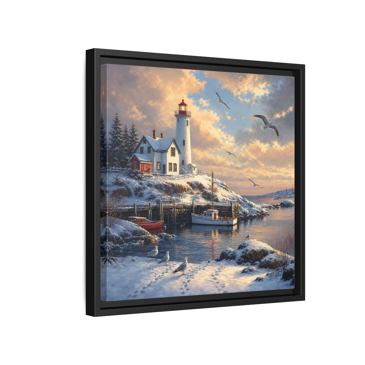 Side Mockup 15. Nature Lighthouse Winter Lighthouse Scene shown as stretched canvas wall art