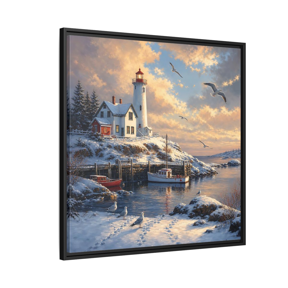 Side Mockup 9. Nature Lighthouse Winter Lighthouse Scene shown as stretched canvas wall art