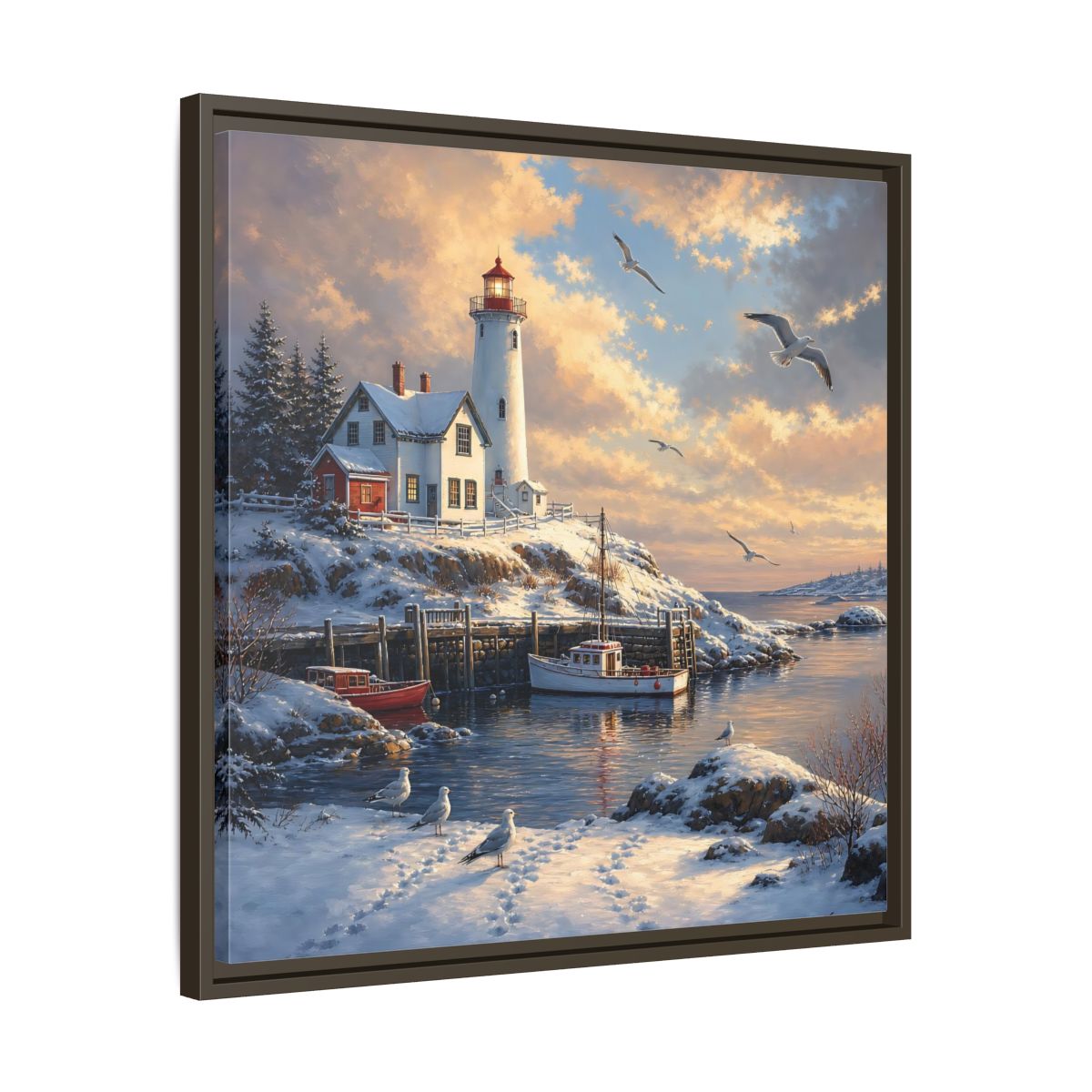 Side Mockup 27. Nature Lighthouse Winter Lighthouse Scene shown as stretched canvas wall art