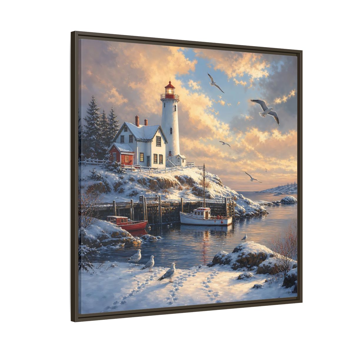 Side Mockup 5. Nature Lighthouse Winter Lighthouse Scene shown as stretched canvas wall art