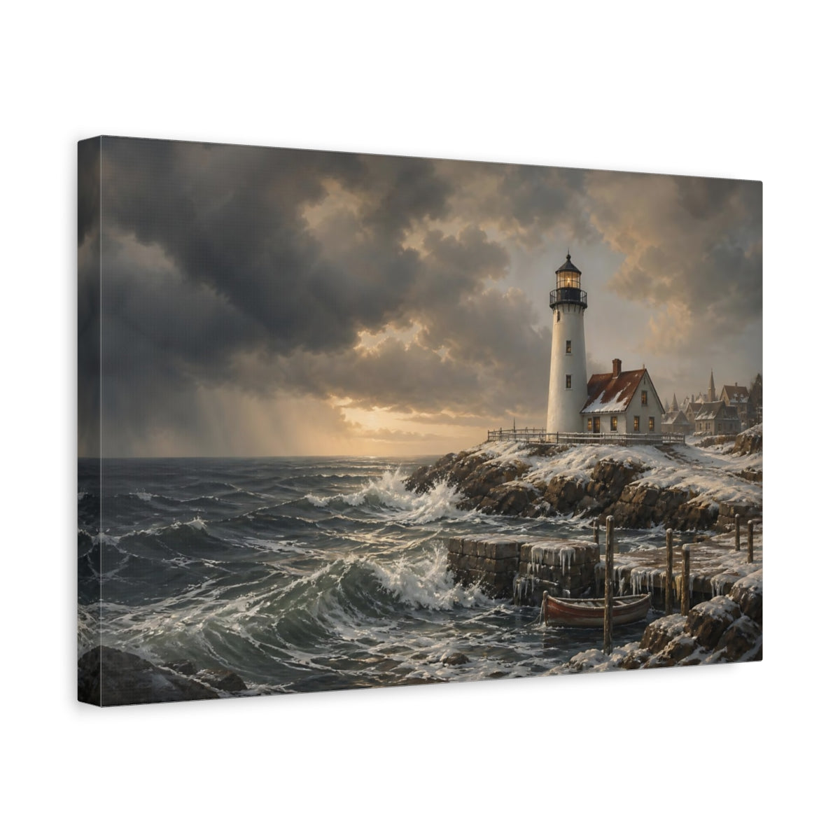Side Mockup 4. Nature Lighthouse Winter Lighthouse Seascape shown as stretched canvas wall art