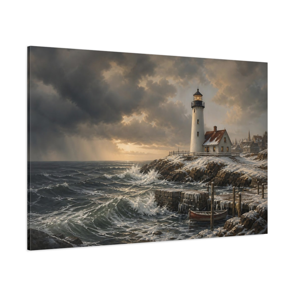 Side Mockup 1. Nature Lighthouse Winter Lighthouse Seascape shown as stretched canvas wall art
