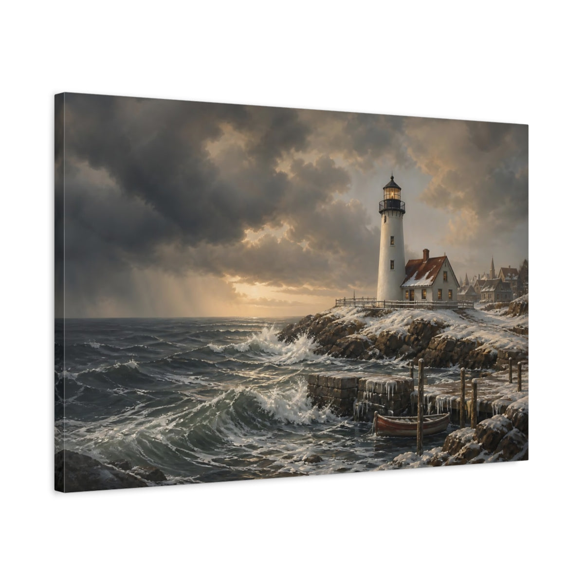 Side Mockup 2. Nature Lighthouse Winter Lighthouse Seascape shown as stretched canvas wall art