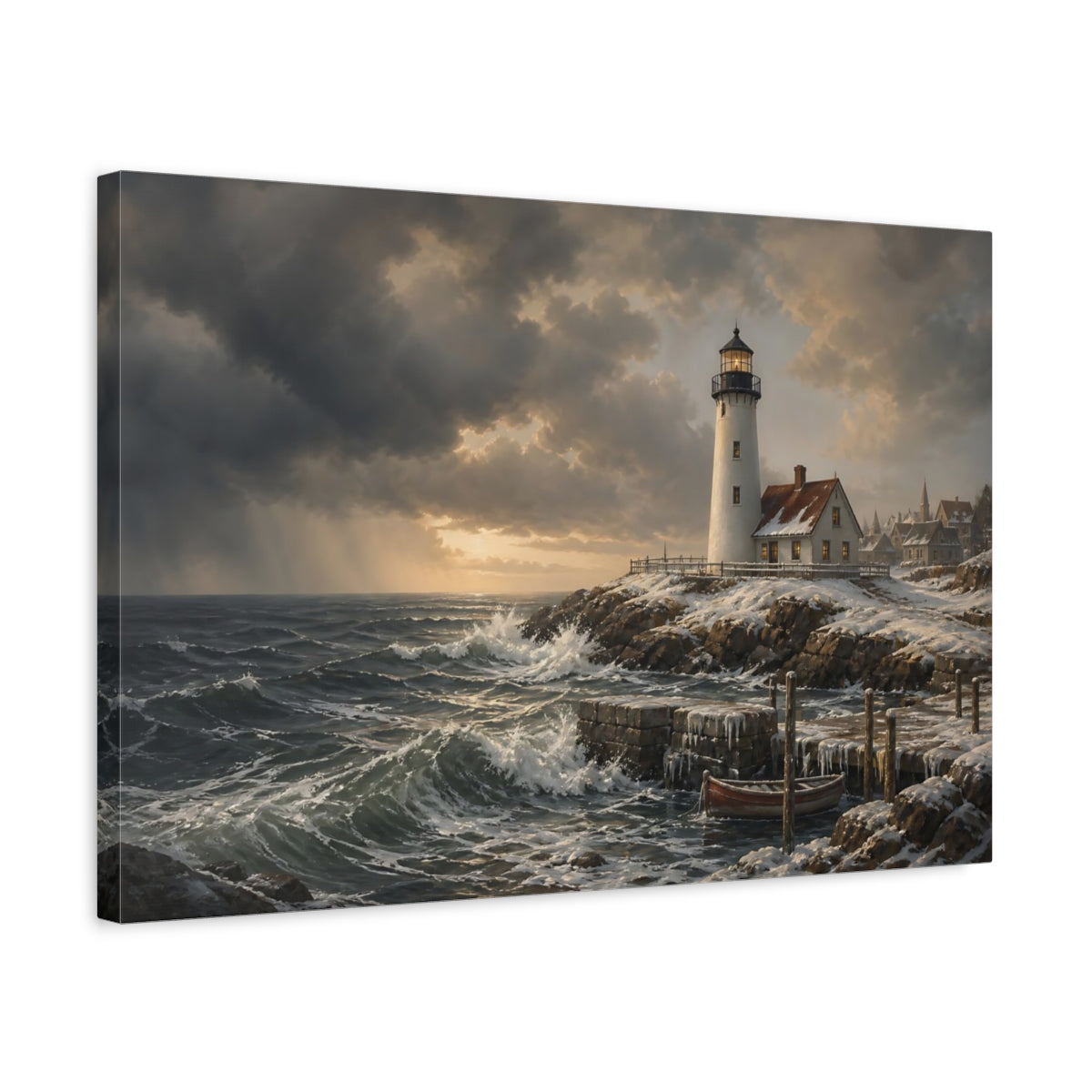 Side Mockup 3. Nature Lighthouse Winter Lighthouse Seascape shown as stretched canvas wall art