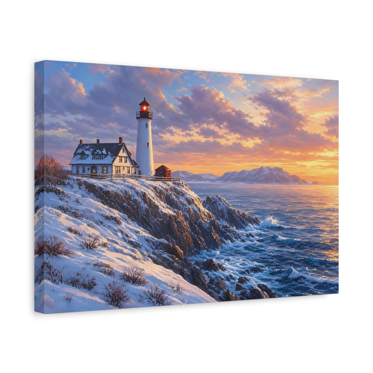 Side Mockup 4. Nature Lighthouse Winter Lighthouse Sunset shown as stretched canvas wall art