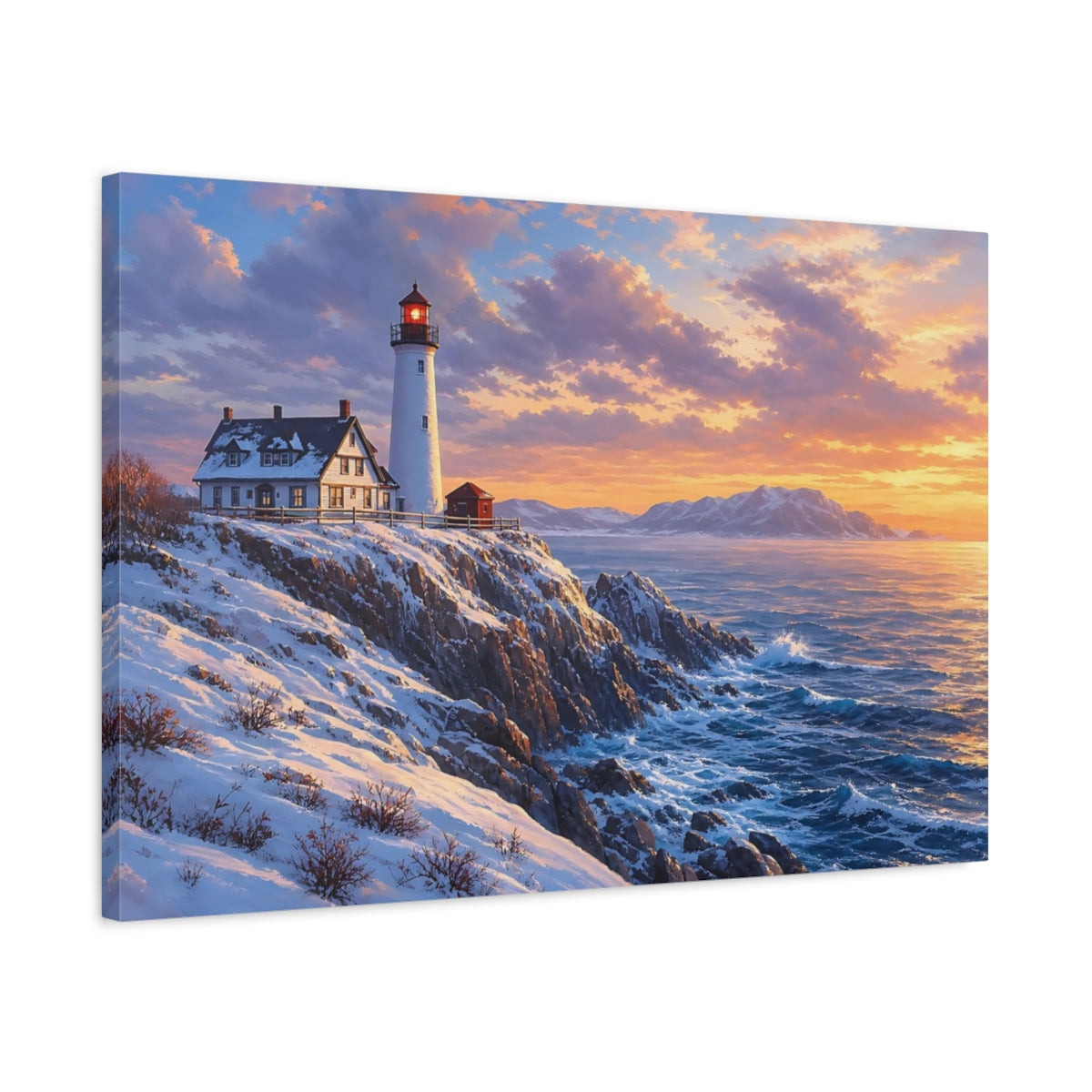 Side Mockup 2. Nature Lighthouse Winter Lighthouse Sunset shown as stretched canvas wall art