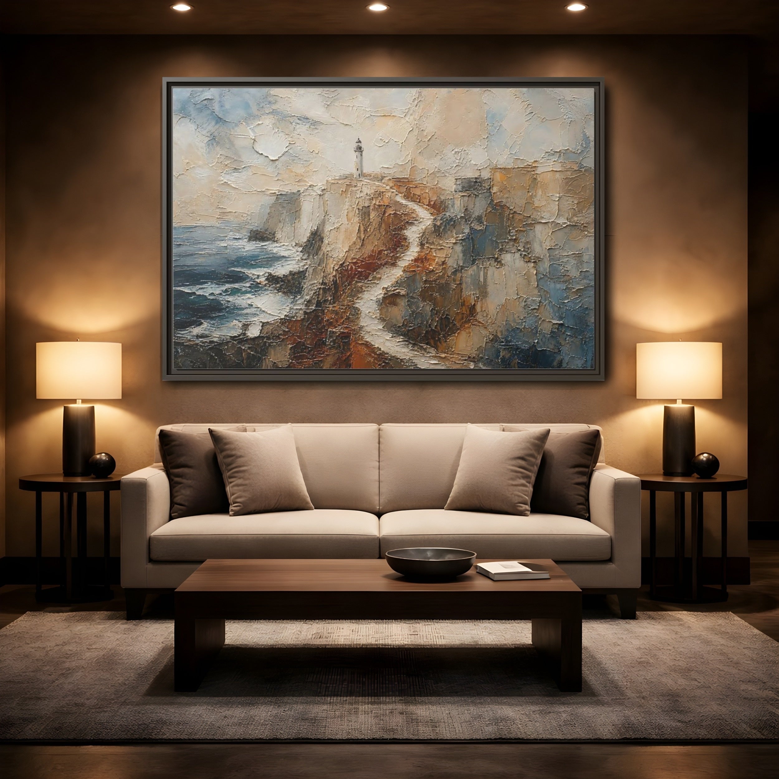 Mockup 2. Nature Lighthouse, Cliffs Coastal Lighthouse shown as stretched canvas wall art