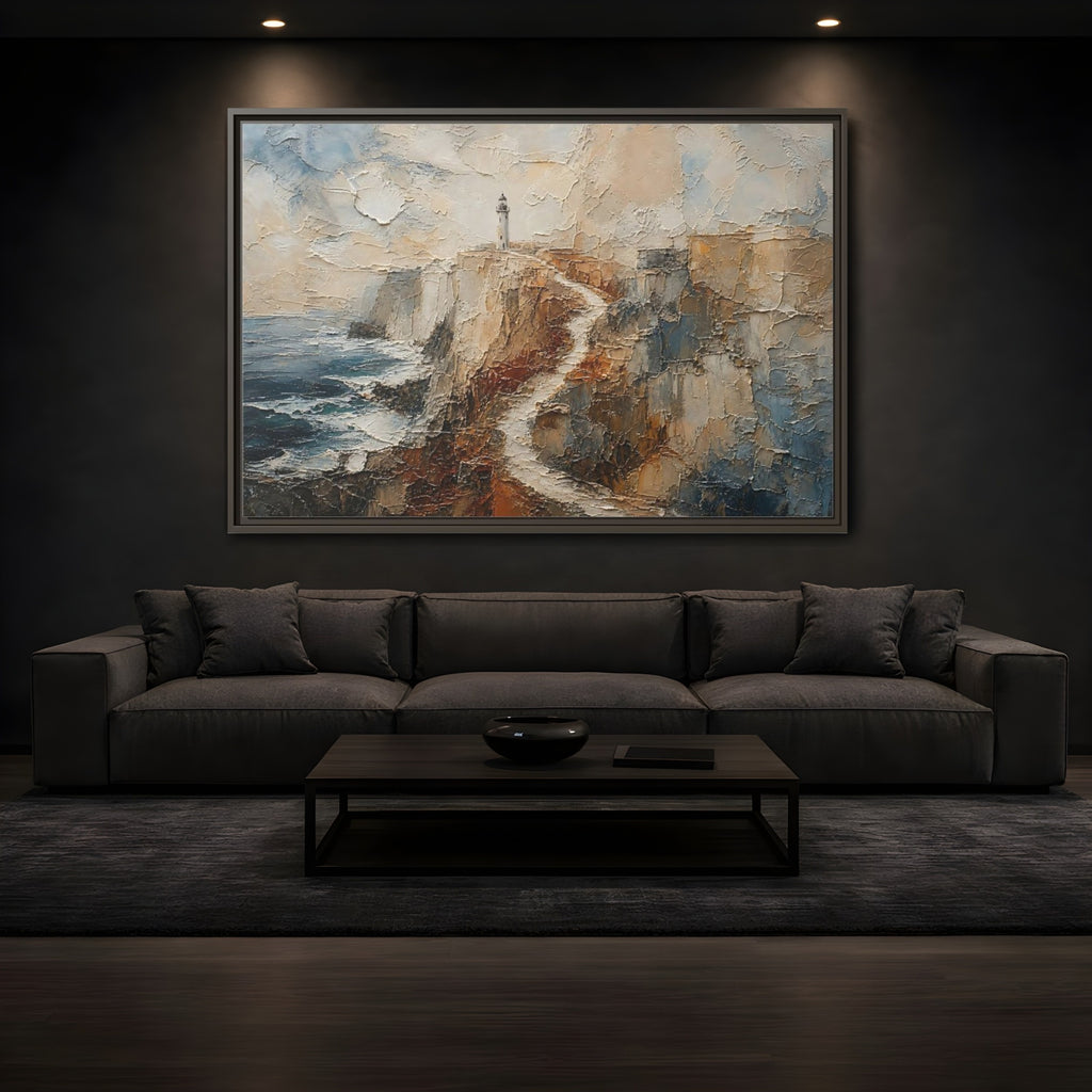 Mockup 3. Nature Lighthouse, Cliffs Coastal Lighthouse shown as stretched canvas wall art