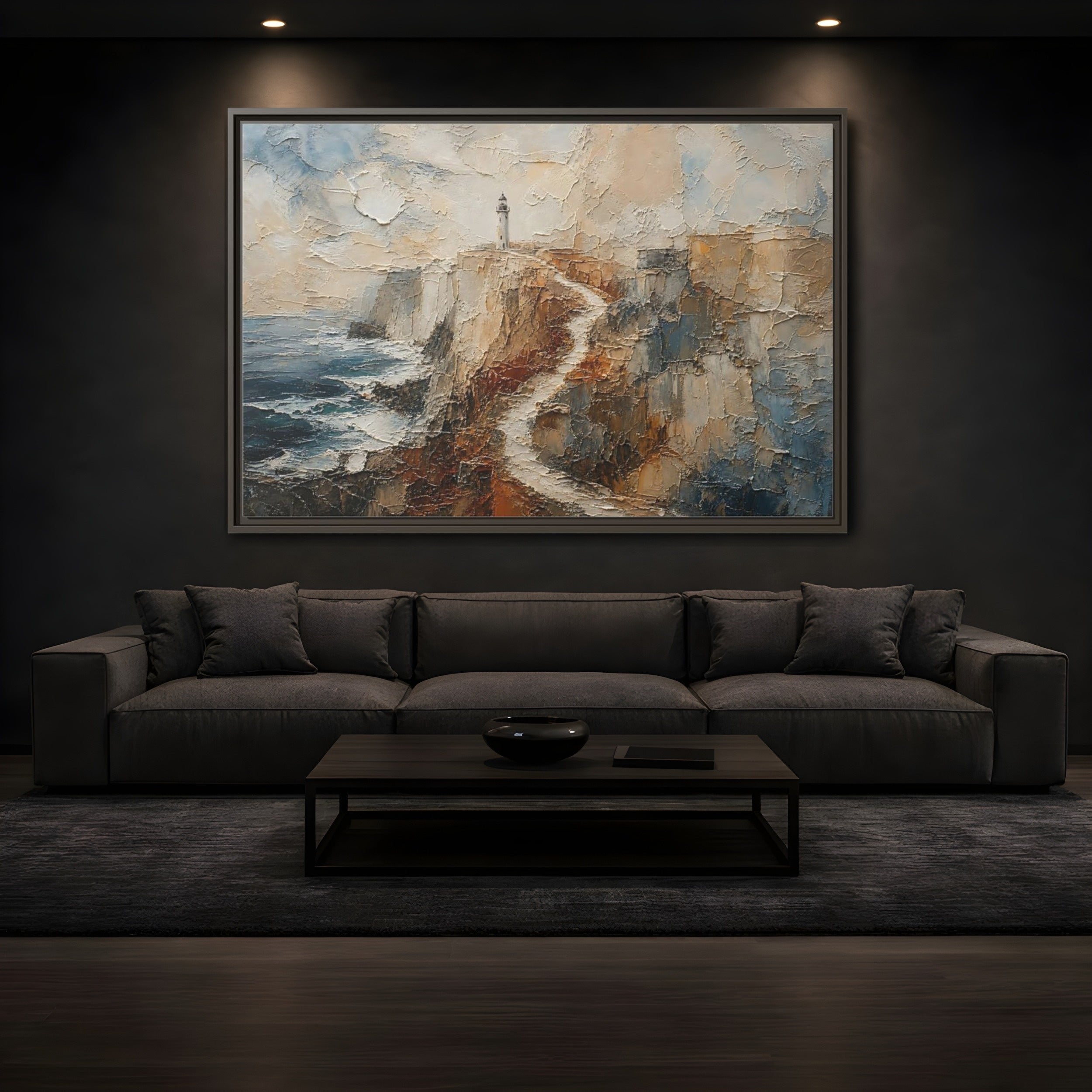 Mockup 3. Nature Lighthouse, Cliffs Coastal Lighthouse shown as stretched canvas wall art