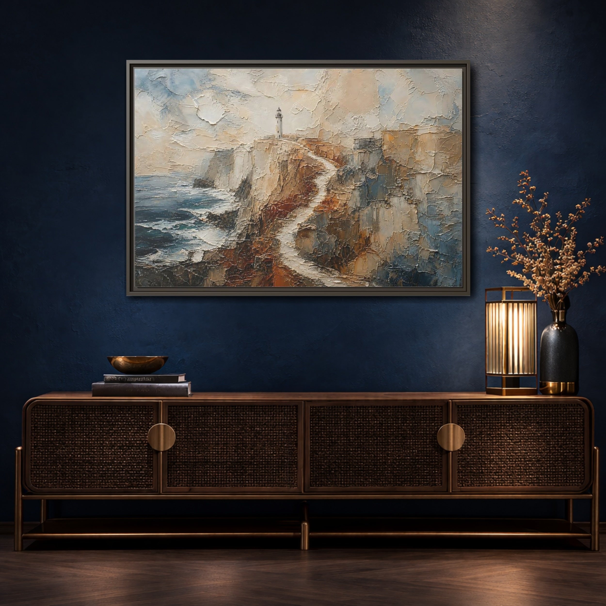 Mockup 4. Nature Lighthouse, Cliffs Coastal Lighthouse shown as stretched canvas wall art
