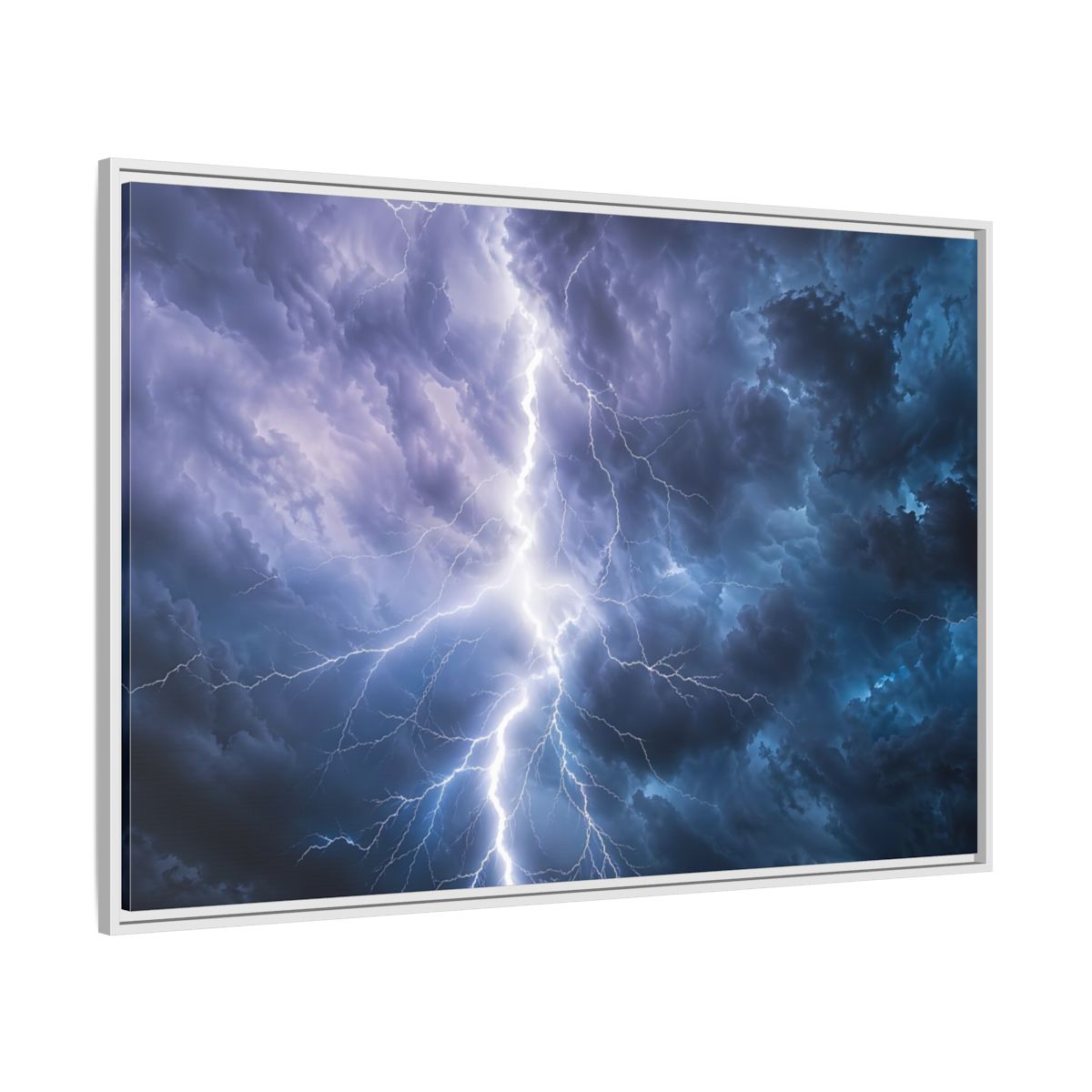 Side Mockup 7. Nature Lightning Storm Blue And Purple Storm shown as stretched canvas wall art