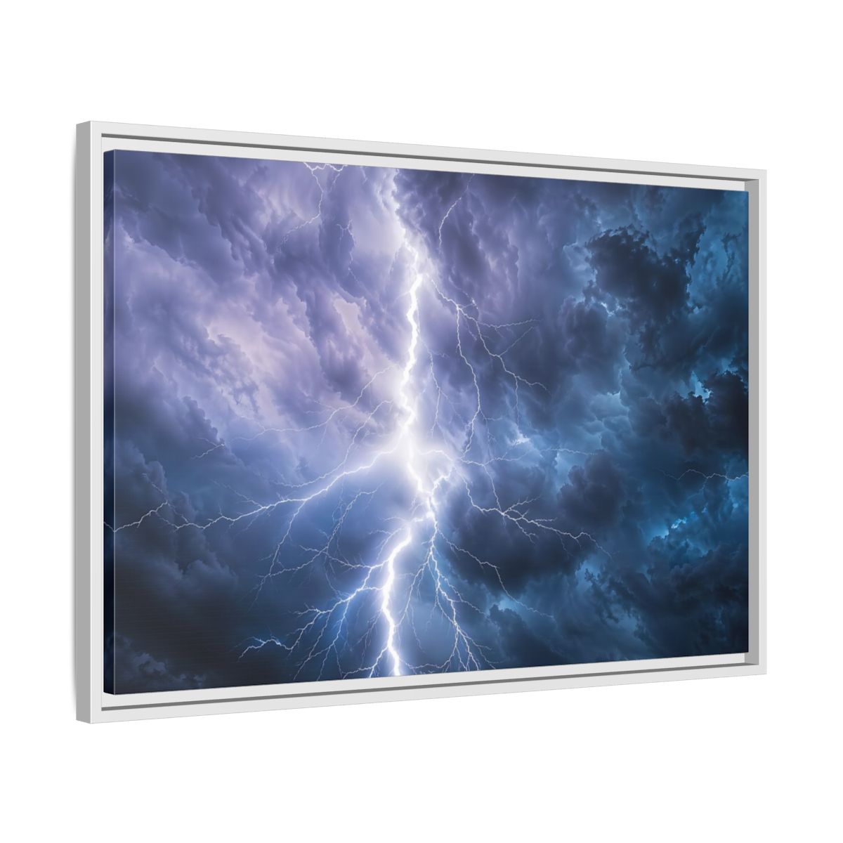 Side Mockup 10. Nature Lightning Storm Blue And Purple Storm shown as stretched canvas wall art