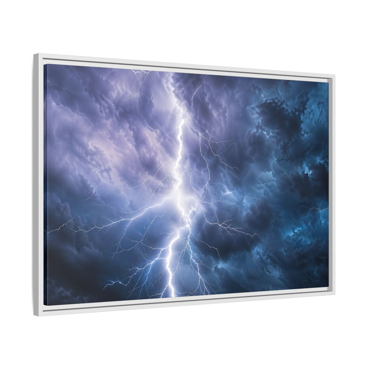 Side Mockup 9. Nature Lightning Storm Blue And Purple Storm shown as stretched canvas wall art
