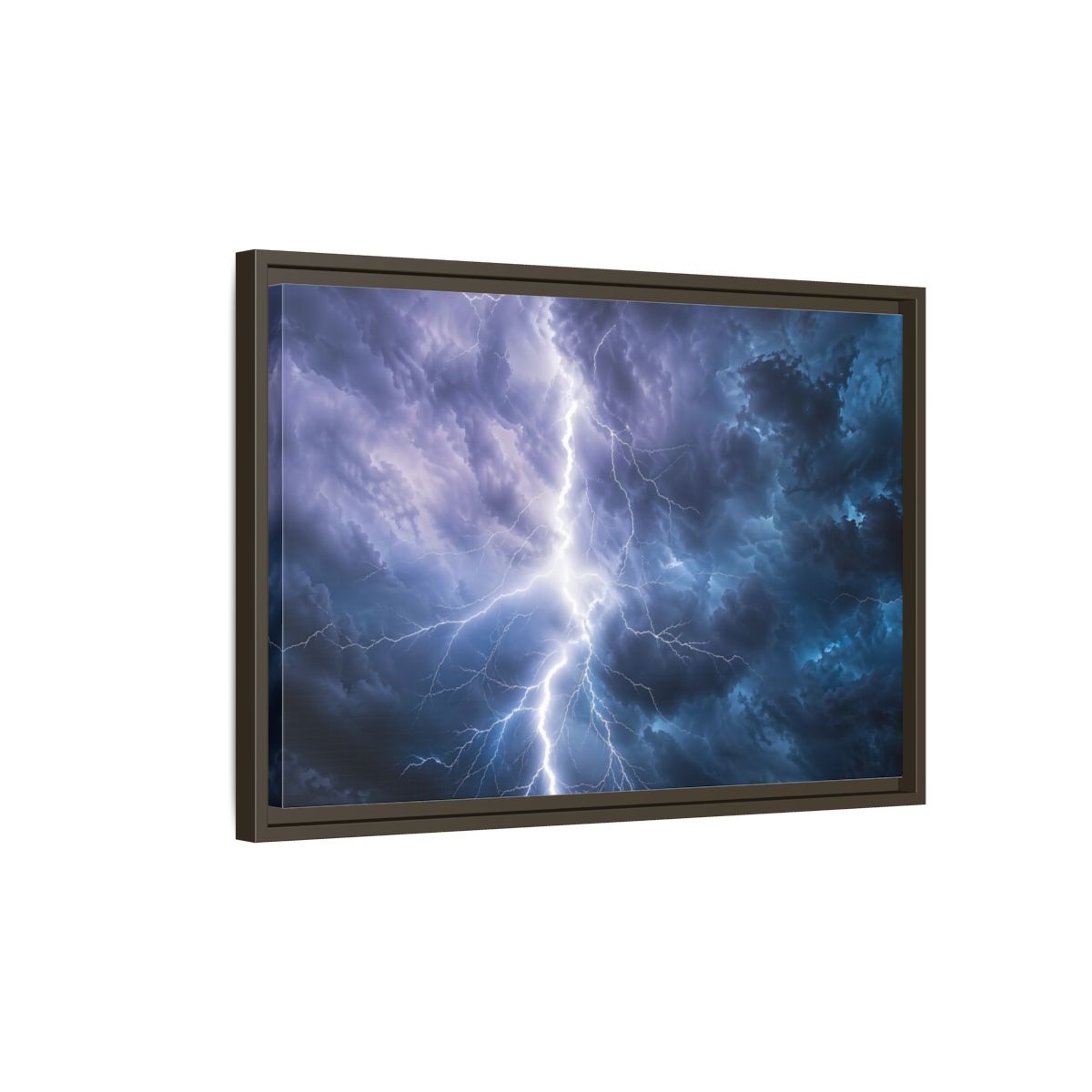 Side Mockup 2. Nature Lightning Storm Blue And Purple Storm shown as stretched canvas wall art