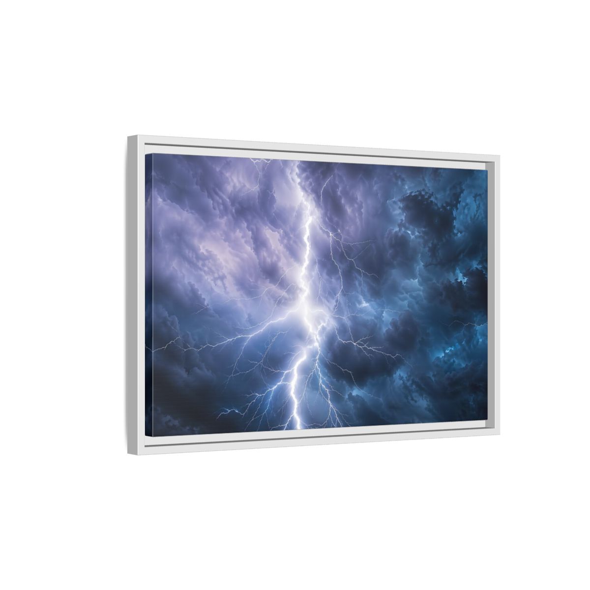 Side Mockup 1. Nature Lightning Storm Blue And Purple Storm shown as stretched canvas wall art