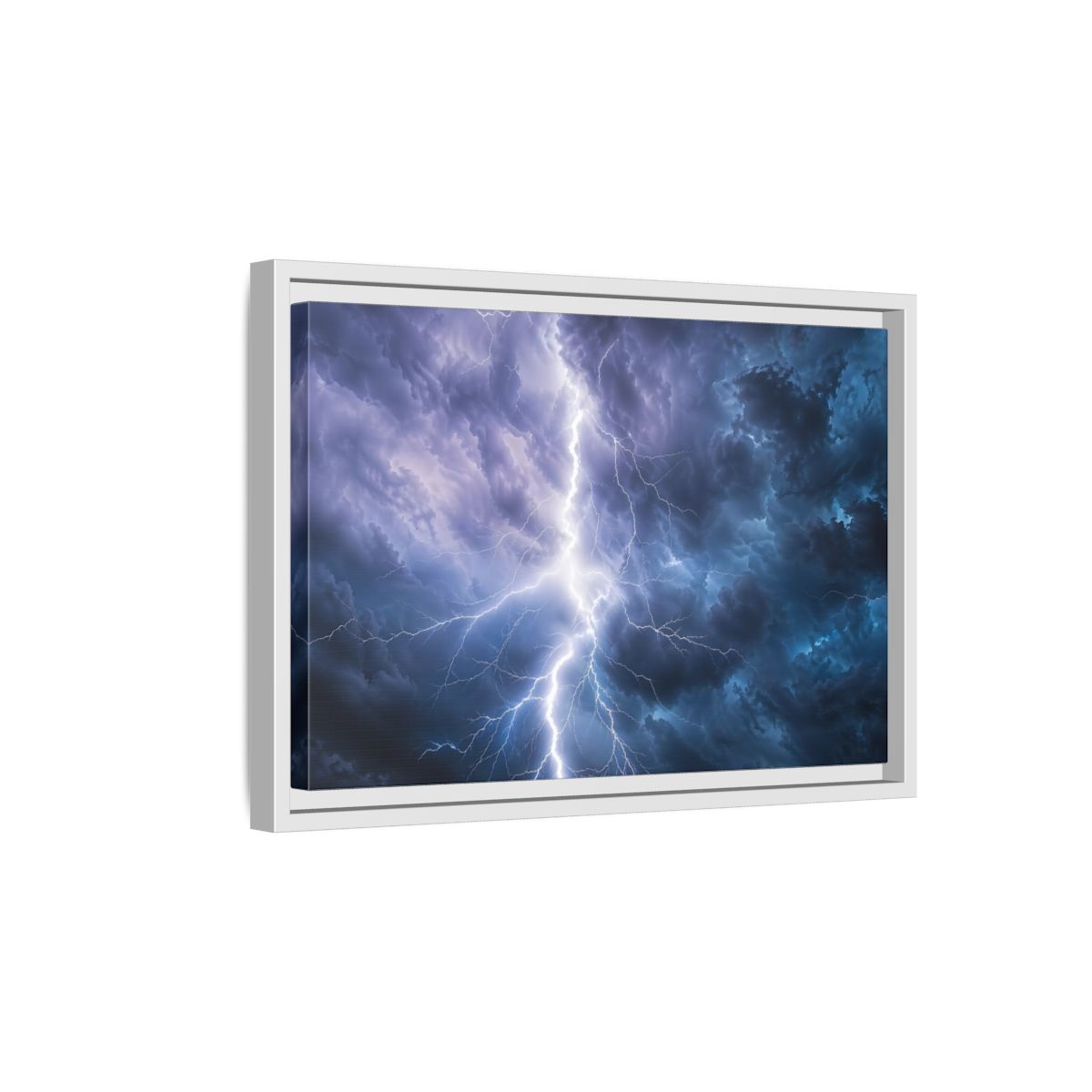 Side Mockup 4. Nature Lightning Storm Blue And Purple Storm shown as stretched canvas wall art