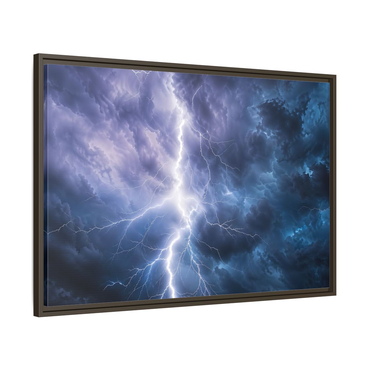 Main Mockup. Nature Lightning Storm Blue And Purple Storm shown as stretched canvas wall art