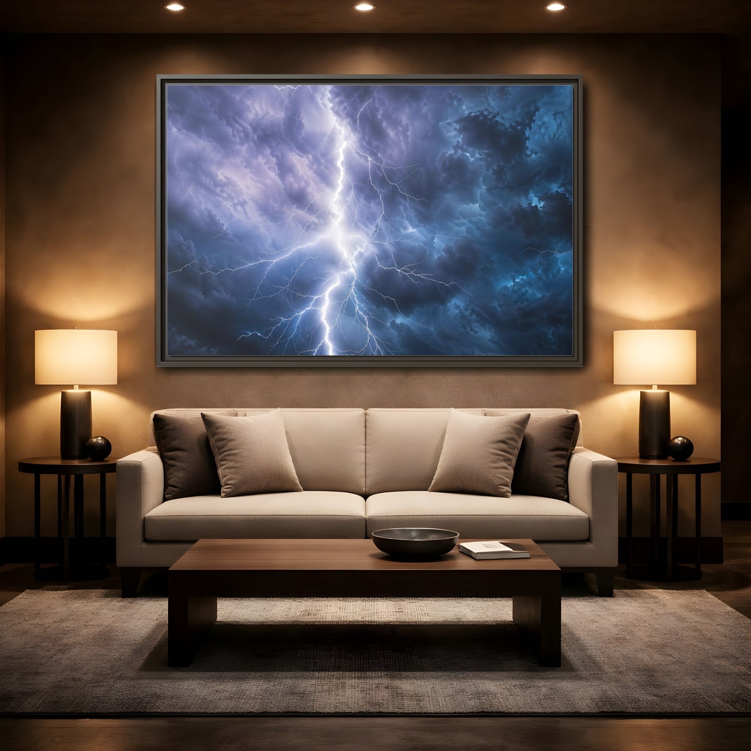 Mockup 2. Nature Lightning Storm Blue And Purple Storm shown as stretched canvas wall art