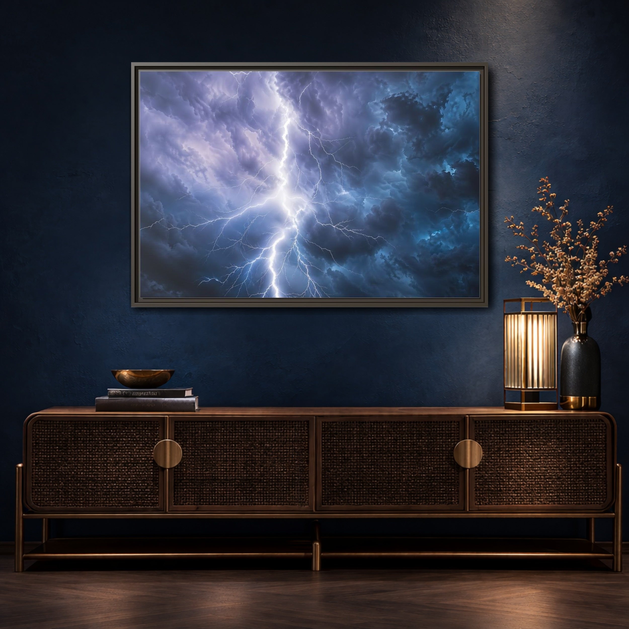 Mockup 4. Nature Lightning Storm Blue And Purple Storm shown as stretched canvas wall art
