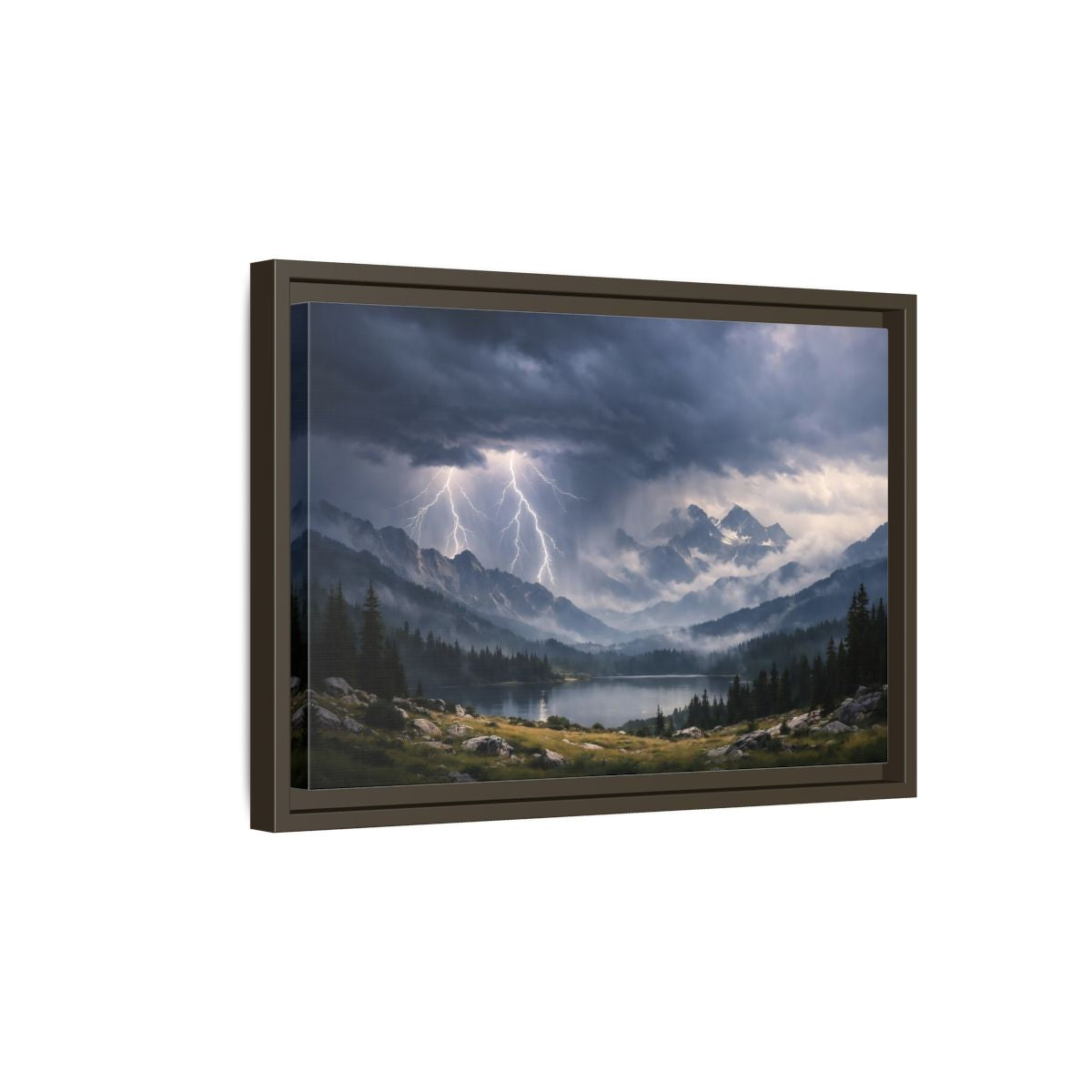 Side Mockup 5. Nature Lightning Storm Mountain Lightning Storm shown as stretched canvas wall art