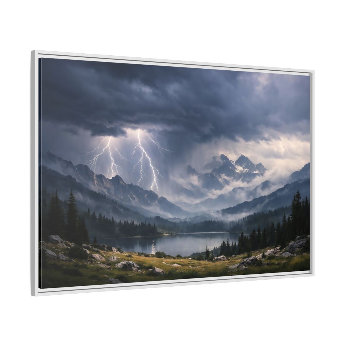 Side Mockup 7. Nature Lightning Storm Mountain Lightning Storm shown as stretched canvas wall art