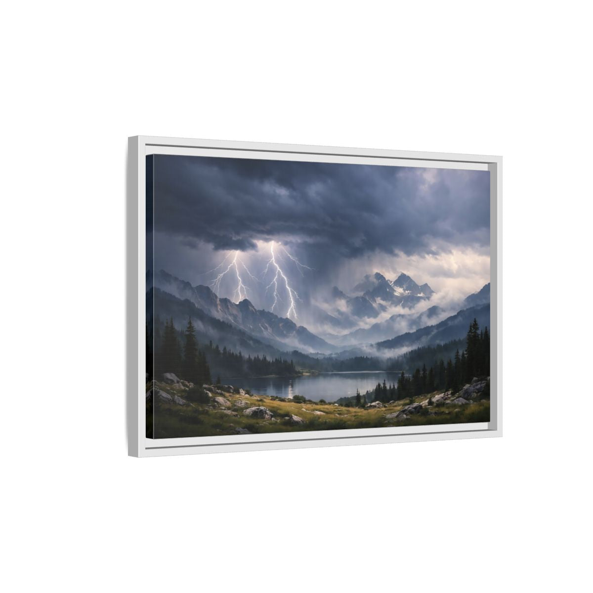 Side Mockup 1. Nature Lightning Storm Mountain Lightning Storm shown as stretched canvas wall art