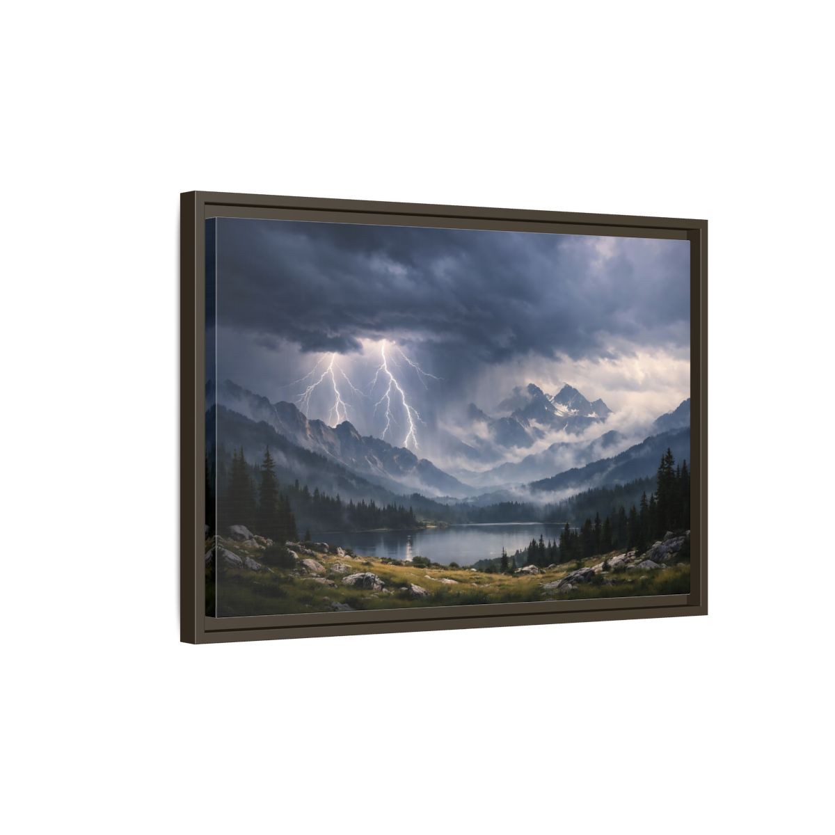 Side Mockup 2. Nature Lightning Storm Mountain Lightning Storm shown as stretched canvas wall art