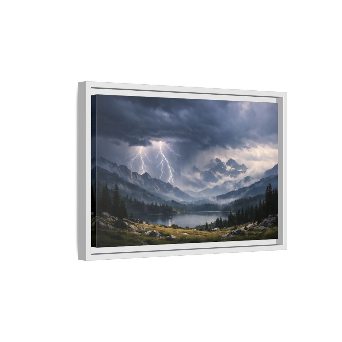 Side Mockup 4. Nature Lightning Storm Mountain Lightning Storm shown as stretched canvas wall art