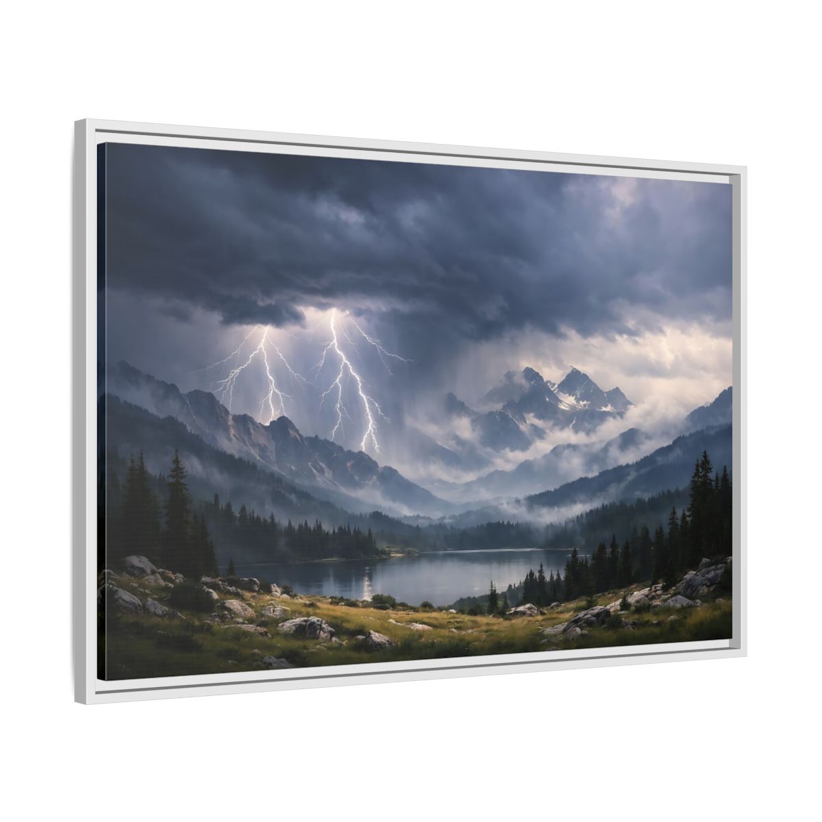 Side Mockup 9. Nature Lightning Storm Mountain Lightning Storm shown as stretched canvas wall art
