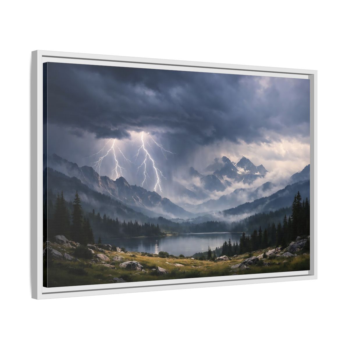 Side Mockup 10. Nature Lightning Storm Mountain Lightning Storm shown as stretched canvas wall art