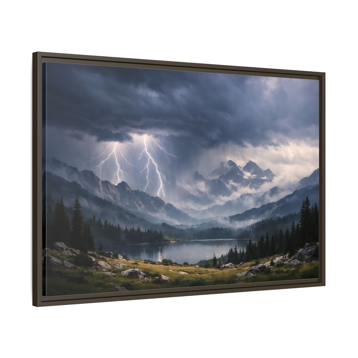 Main Mockup. Nature Lightning Storm Mountain Lightning Storm shown as stretched canvas wall art